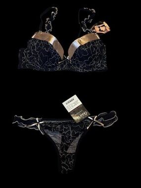 Elegant Black and Gold Lace Push-Up Bra & Thong Set
